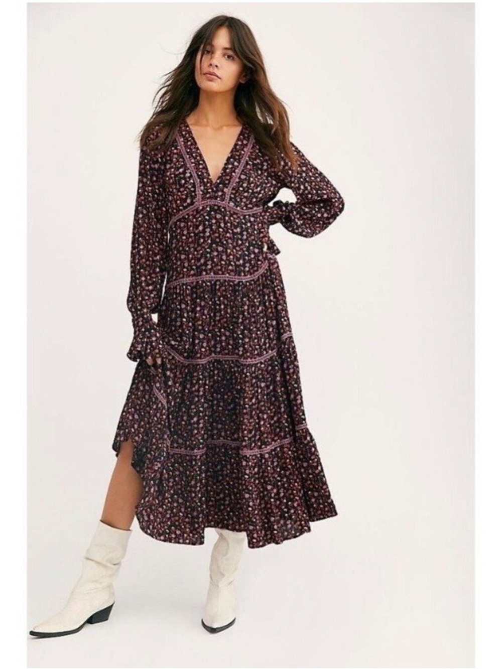 FREE PEOPLE Take A Little Time Long Sleeve Tiered Midi Dress Black Floral Size 0